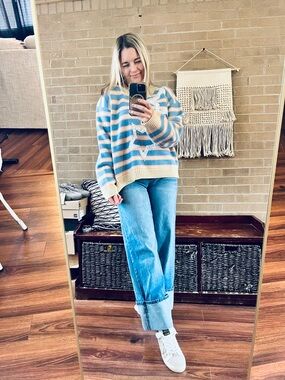POL Striped Star Sweater in Blue, Pink & Cream